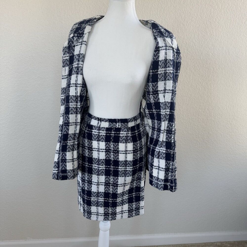Byer Dress Jacket & Skirt Suit Set Navy Blue White Plaid Juniors Size 9 Vintage - Picture 12 of 16